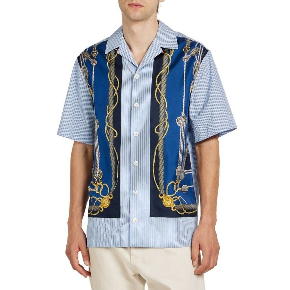 $2,100 NWT Versace Cotton Poplin & Printed Silk Short Sleeve Shirt Size S